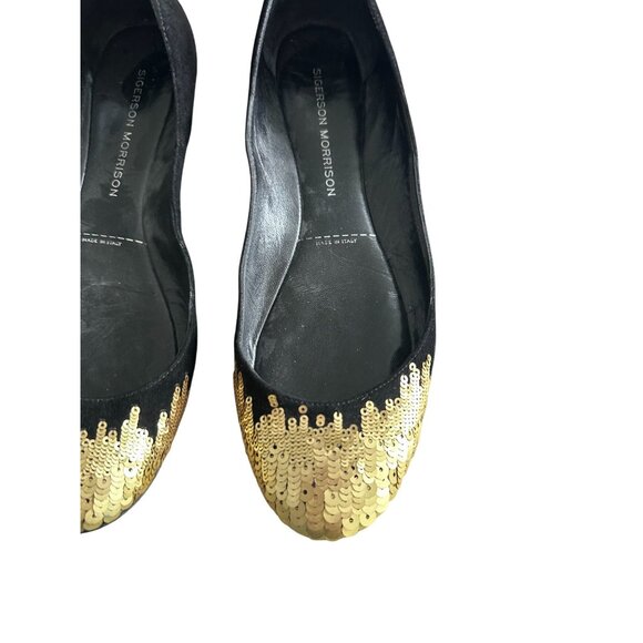 SIGERSON MORRISON Black Gold Suede Sequined Ballet Flats Size 6 - Picture 2 of 8